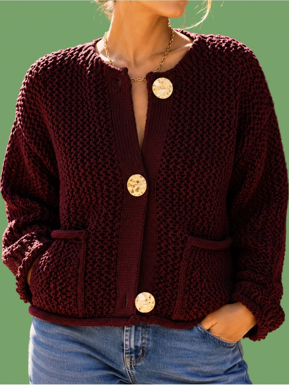 Zara Burgundy Chunky Knit Cardigan with Gold Buttons